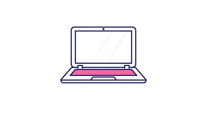 Minimalist of a laptop with a purple screen on a white background, computer