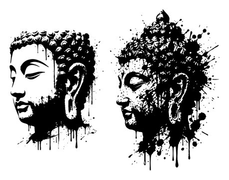 Buddha head portrait set with dripping paint and ink splatters in religious grunge style