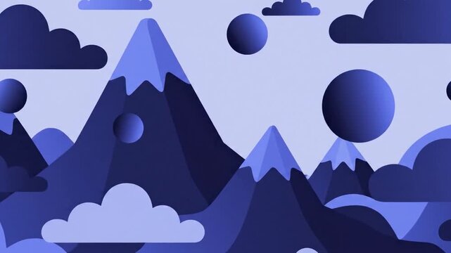 Abstract Mountain Landscape with Clouds and Floating Shapes