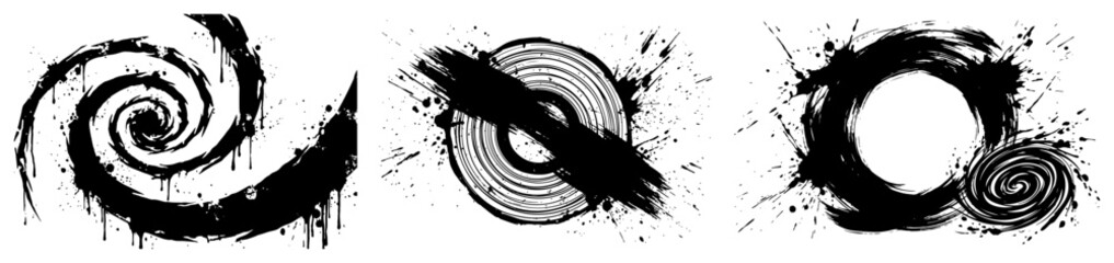 Obraz premium Spiral swirls and circular symbols with heavy ink splatters in grunge style
