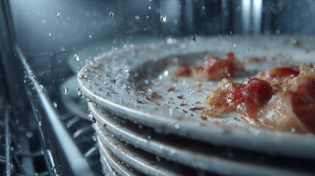 Plates stacked in a dishwasher are covered in leftover food, while droplets of water splash around them, creating a lively scene of kitchen activity during a bustling evening