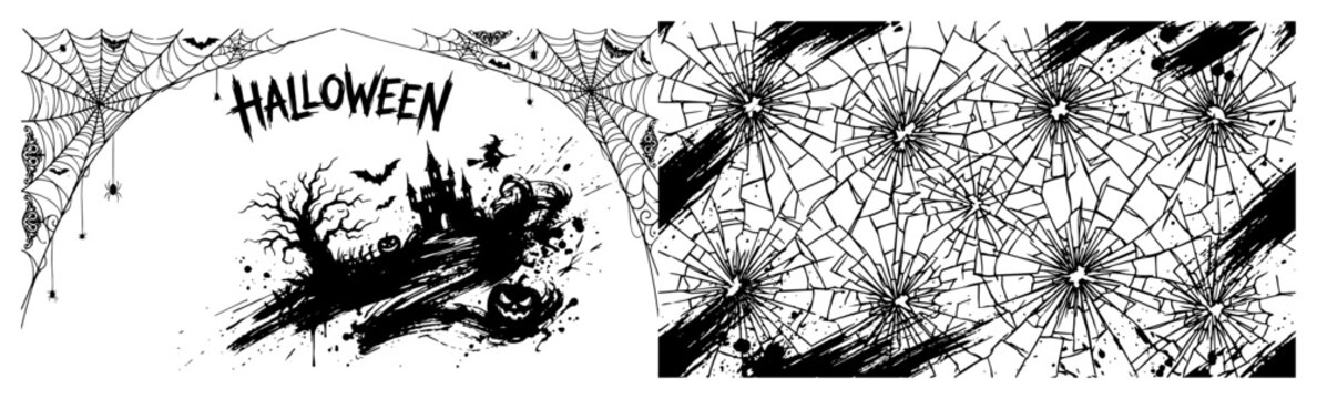 Halloween haunted house scene and cracked glass texture in urban grunge style