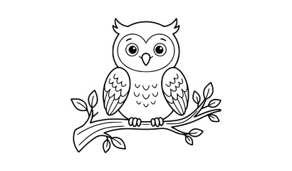 Simple owl outline vector illustration cute bird sitting on tree branch design © Shakib