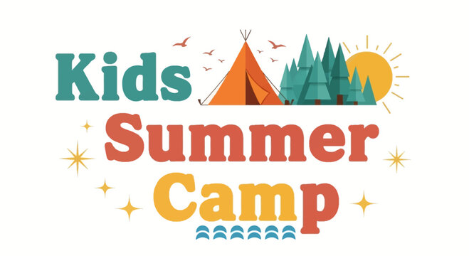 Kids Summer Camp Typography Logo Design with Tent and Forest Illustration.