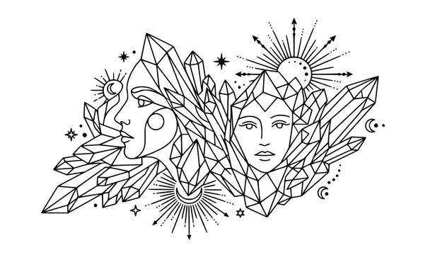 Abstract female face with crystal geometry vector mystical line art illustration