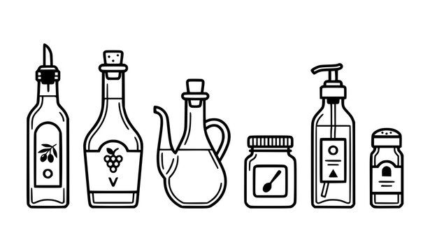 Olive oil bottle and kitchen condiment vector icon set cooking ingredient illustration