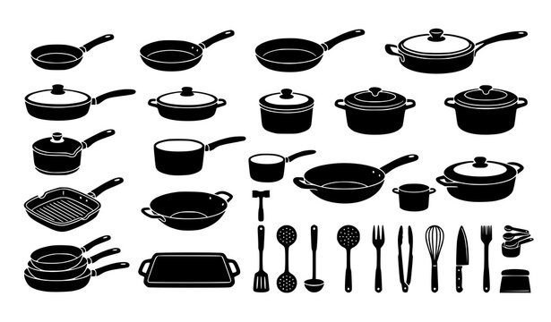 Black Silhouette Cookware Collection with Frying Pans Pots Trays and Kitchen Utensils