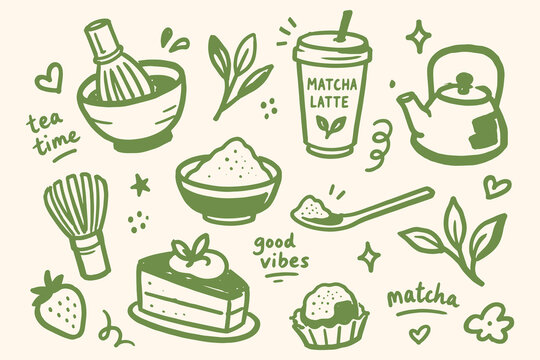 Matcha Tea Elements Doodle Sketch Vector