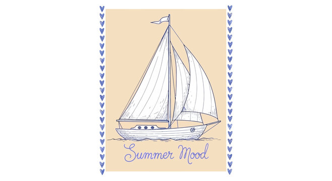 Hand drawn illustration of a sailboat with Summer Mood text.