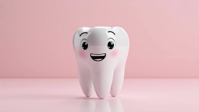3D cartoon glossy white tooth character on a pastel background