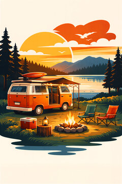 Camper van parked on an ocean beach with a campfire at sunset. Travel van life concept with mountains, palm trees and coastal view.