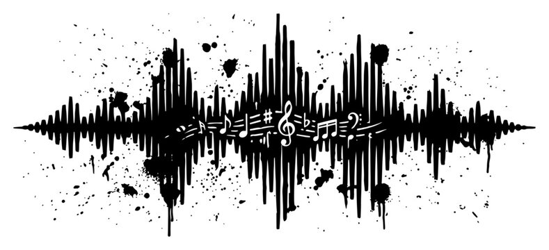 Audio equalizer wave with musical notes and ink splatters in grunge music style