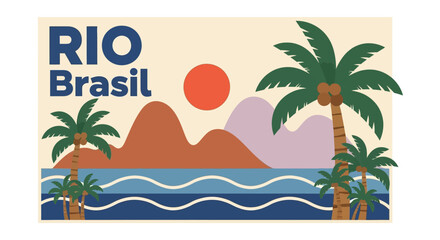 Obraz premium Rio Brasil vintage style illustration with palm trees and ocean.