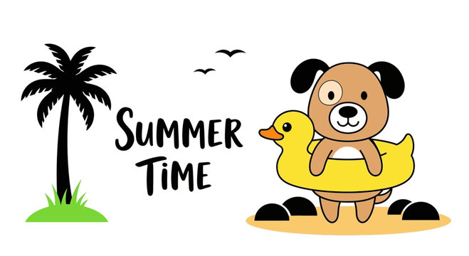 Cute cartoon puppy dog with a yellow duck pool float for summer vacation.