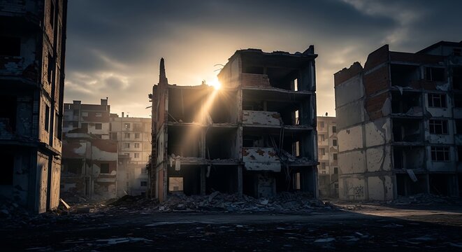 Abandoned buildings after natural disaster destruction.