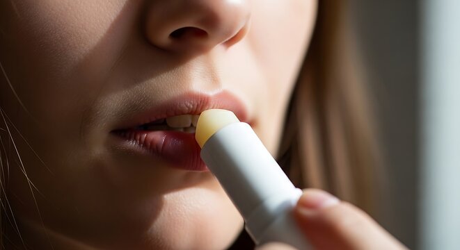 Woman applying lip balm closeup.