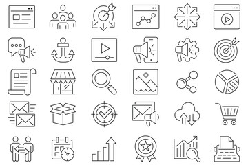 Fototapeta premium Digital marketing icons. Digital marketing black icons. Social, networks, feedback, communication, marketing, content, analysis, ecommerce collection. Vector illustration. 