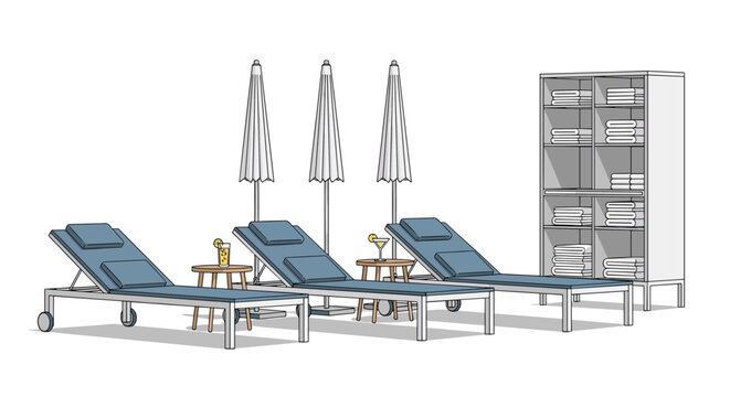 Spa or resort relaxation area featuring three blue lounge chairs with umbrellas, side tables with drinks, and a towel storage cabinet.