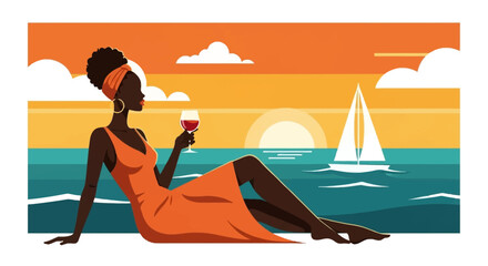 Obraz premium Elegant Black Woman Relaxing With A Glass Of Wine At Sunset.