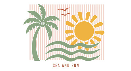 Obraz premium Retro Style Tropical Beach Illustration with Palm Tree and Sun.