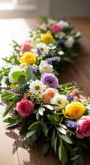 Obraz premium Colorful floral centerpiece on a rustic wooden table. Arrangement of spring flowers like roses, daisies, and lavender for wedding decoration. Natural bouquet for celebration event.