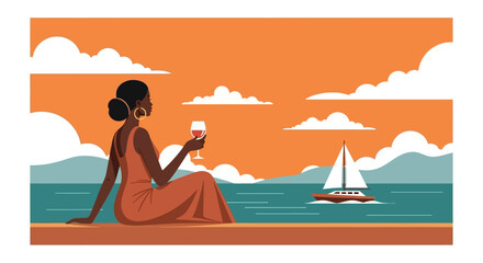 Obraz premium Elegant Black Woman Relaxing With A Glass Of Wine.