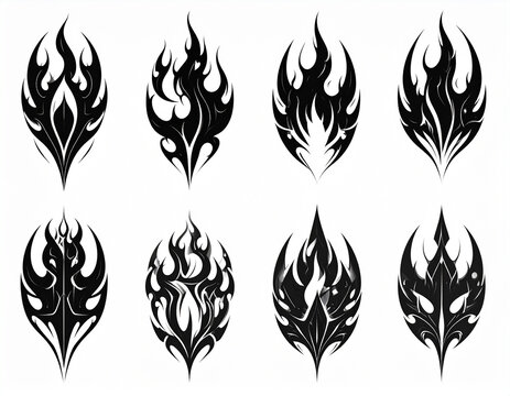 Set of eight abstract tribal flame tattoo designs.