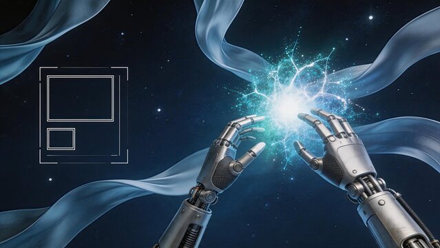 Futuristic robotic hands reaching towards a glowing blue energy spark against a dark cosmic background with abstract flowing ribbons.