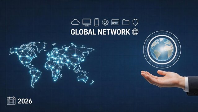 Global network connectivity concept, world map with digital nodes, international communication technology, future internet infrastructure, data exchange and cloud computing