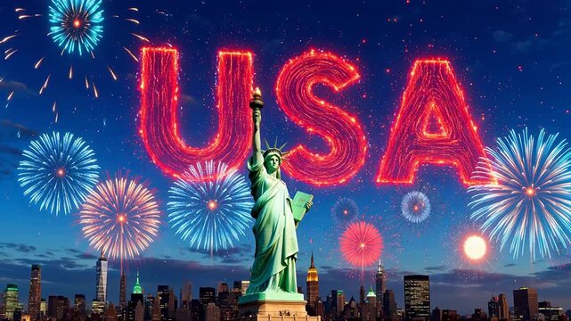 Spectacular USA fireworks display over New York City skyline with Statue of Liberty
