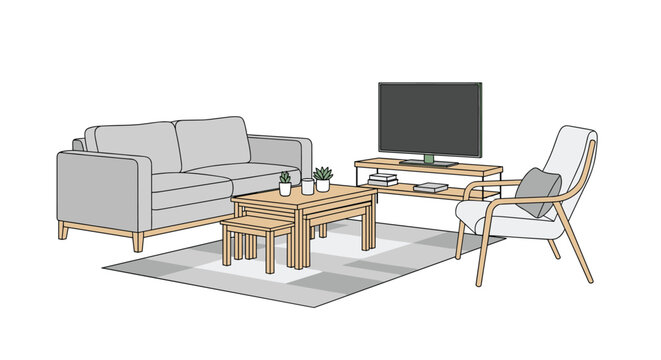 Modern living room furniture includes a grey sofa, nested wooden coffee tables, a TV stand with a television, and a stylish armchair.