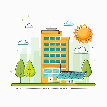 Eco-friendly building with solar panel and trees