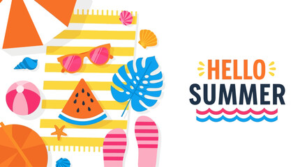 Obraz premium Flat illustration of summer beach vacation items and accessories.