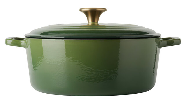 Green enameled cast iron dutch oven pot with gold knob on a white background, kitchenware isolated on a transparent background