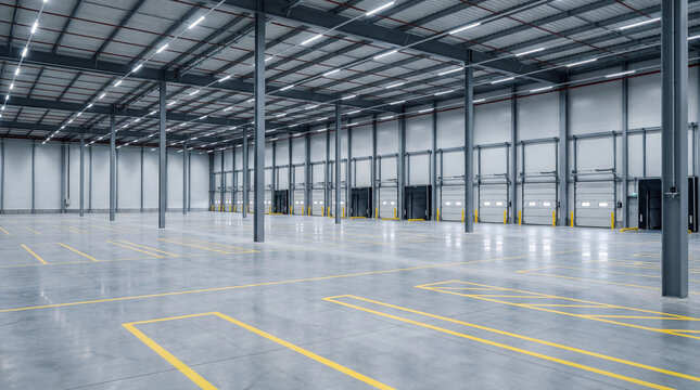 Interior of a large modern empty warehouse with loading docks and yellow markings