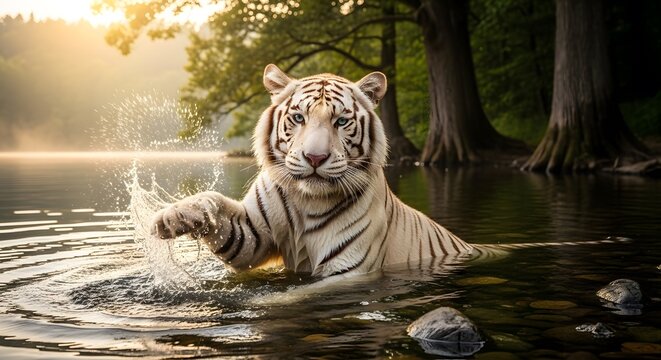 Majestic white tiger splashing in water with sunlight and trees background