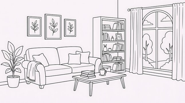 Cozy living room scene with a sofa, bookshelf, and window view, perfect for relaxing ambiance
