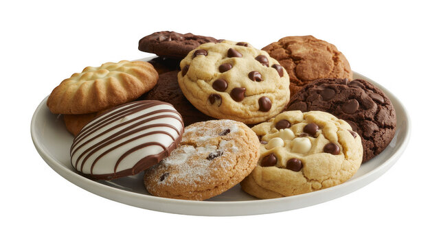 Pile of assorted chocolate chip and drizzled cookies on a white plate isolated on a transparent background