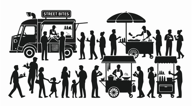 Street food festival vector illustration with food truck, stalls, and people silhouettes queueing up to buy food and eating outdoors