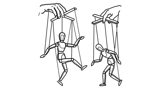 Marionette puppets on strings controlled by human hands concept line art vector illustration of manipulation, control, and authority