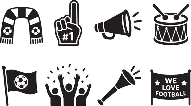 Soccer fans and cheering equipment icons with scarf foam finger megaphone drum flag vuvuzela and stadium crowd silhouettes.