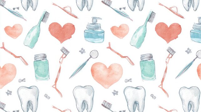 Delightful watercolor patterns showcase toothbrushes, toothpaste, and hearts scattered across a white background. Perfect for dental hygiene promotions and artistic projects