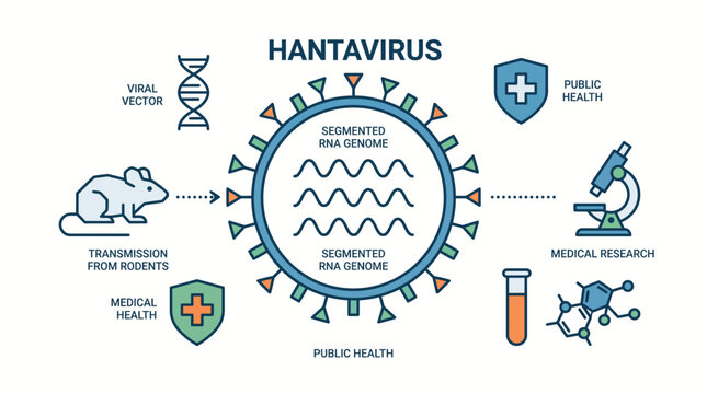 Hantavirus structure diagram with segmented RNA genome infographic, medical research and rodent transmission vector illustration