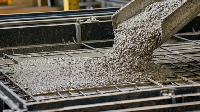Truck pours wet concrete into mold at construction site in the afternoon with workers nearby preparing materials