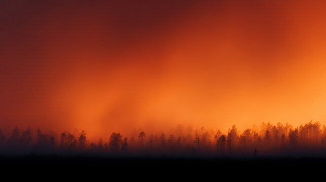 burning forest with orange glowing sky environmental catastrophe