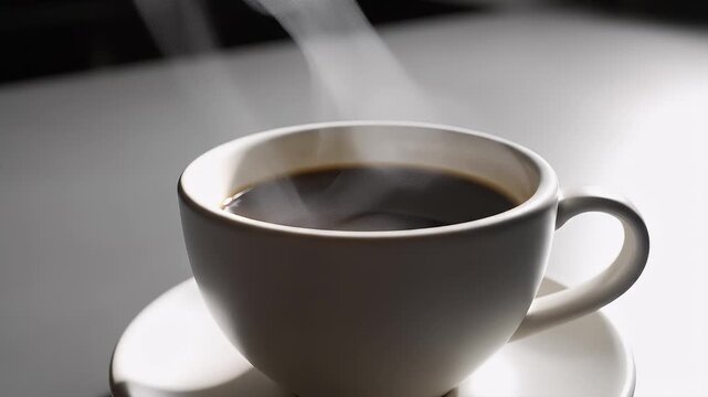 Invigorating steam gracefully rises from a classic white mug filled with rich, dark coffee, promising a moment of warmth and energizing comfort on a serene morning