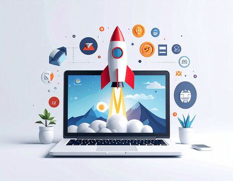 Startup rocket launching from laptop screen with digital business icons.