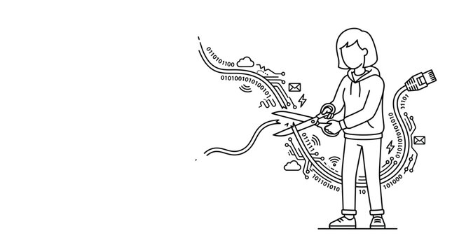 Digital Detox Person Cutting Off Internet Connection Cable Line Art Illustration.