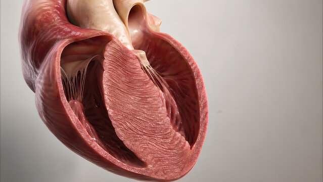 3D anatomical: Left ventricular cutaway, asymmetric septal hypertrophy, thickened interventricular septum narrowing LV 