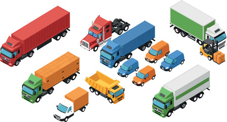 Isometric Cargo Truck and Delivery Vehicle Vector Icon Set with Semi Trucks, Vans, Forklift, and Shipping Containers for Logistics and Supply Chain Designs © mdtaleb